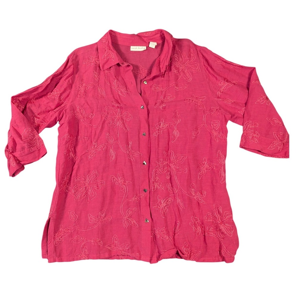 Marsh Landing Pink Linen Blend‎ Embroidered Button Down Shirt Large Fuchsia Boho